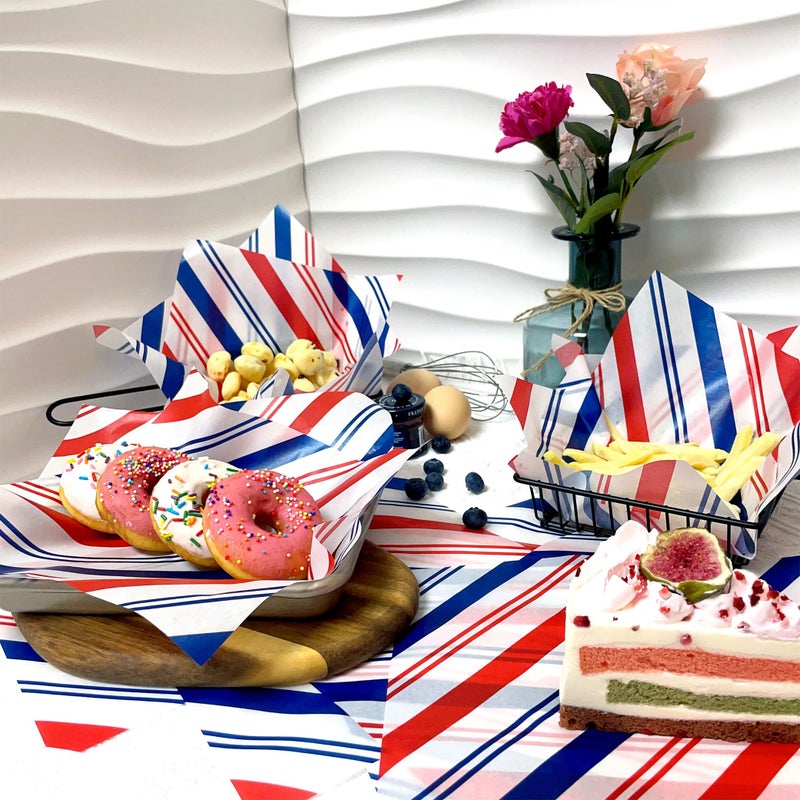 Suiwen 150pcs Independence Day Wax Paper Sheets Sandwich Wrapping Paper, Greaseproof Wrap Paper Parchment Papers Disposable Paper Liner Food Basket Liners for Outdoor Picnic (Red and Blue Stripe) - Image 4